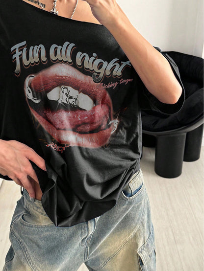 SXV Women's Loose Punk Subculture Lip Print Black Short Sleeve Oversized T-Shirt