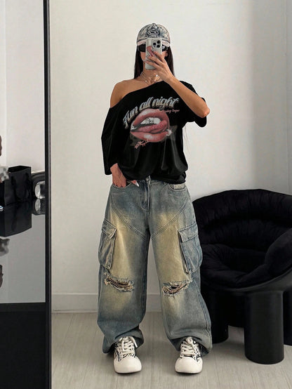 SXV Women's Loose Punk Subculture Lip Print Black Short Sleeve Oversized T-Shirt