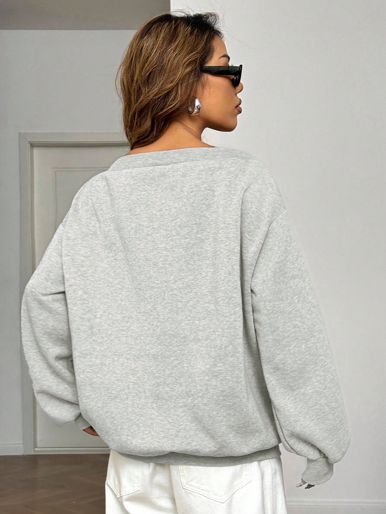 SXV Women's Loose Fit Oblique Shoulder Sweatshirt With Thermal Lining