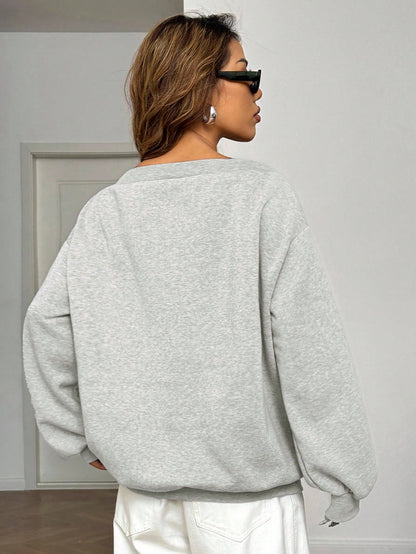 SXV Women's Loose Fit Oblique Shoulder Sweatshirt With Thermal Lining