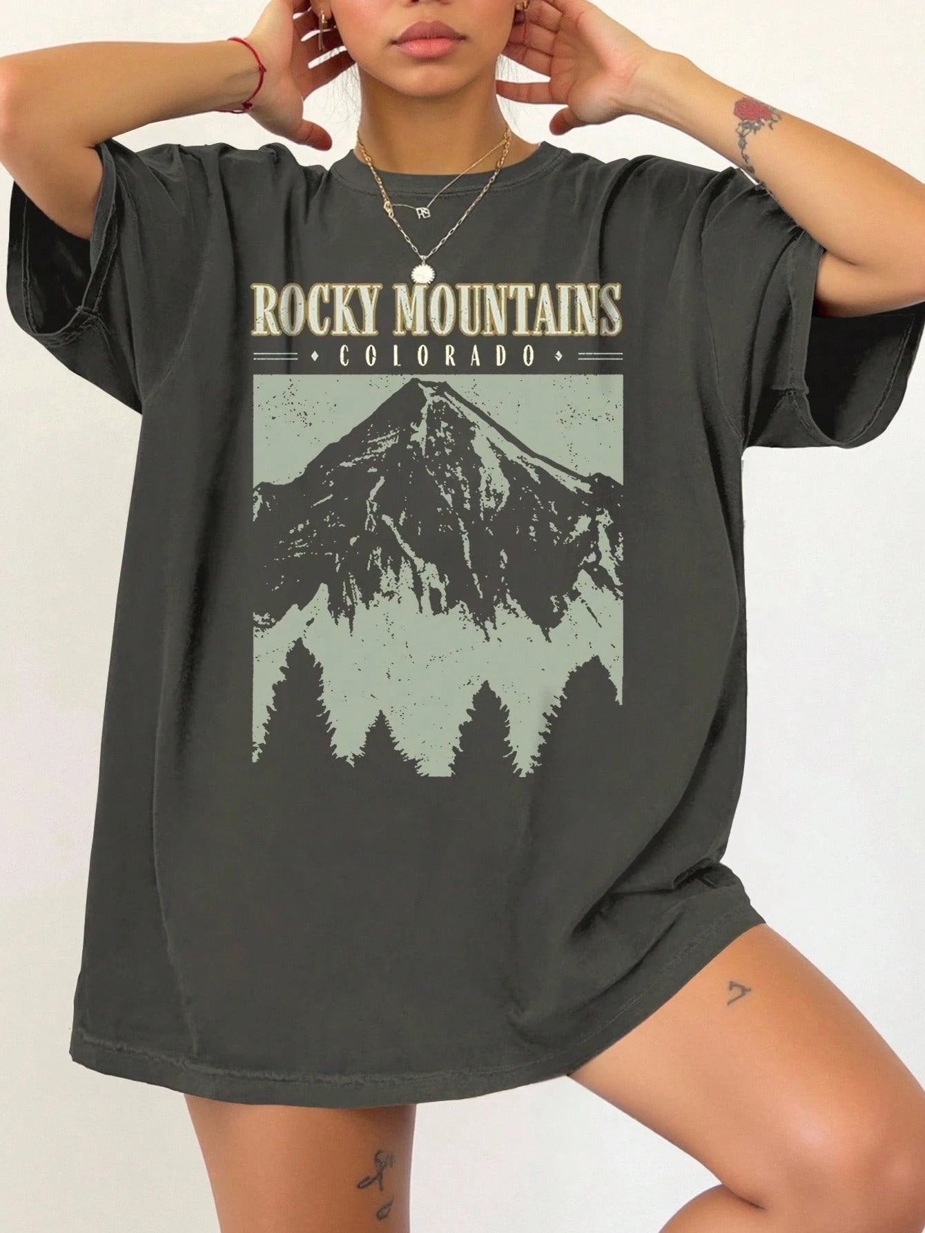 SXV Mountain & Letter Print Round Neck Oversized T-Shirt