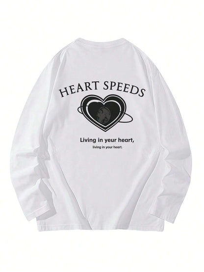 SXV Heart Print Long Sleeve Round Neck T-Shirt, Casual Loose Fit Versatile Top For Women, Autumn