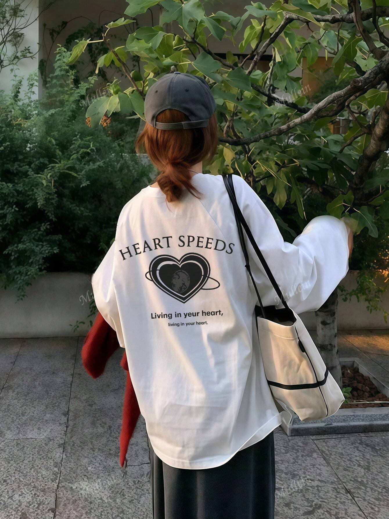 SXV Heart Print Long Sleeve Round Neck T-Shirt, Casual Loose Fit Versatile Top For Women, Autumn