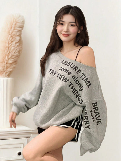SXV Women's Casual Asymmetrical Neck Loose Batwing Sleeve Sweatshirt
