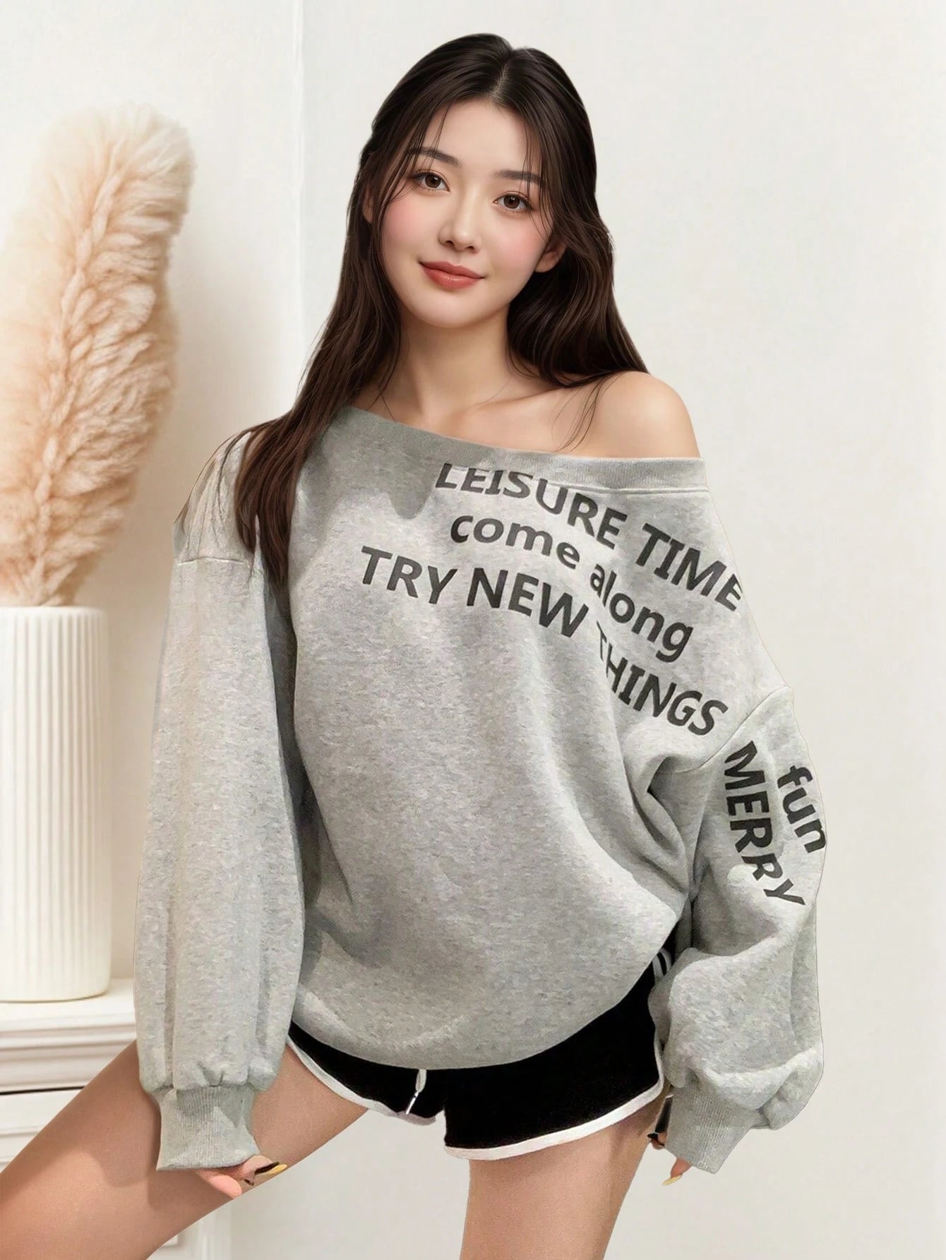 SXV Women's Casual Asymmetrical Neck Loose Batwing Sleeve Sweatshirt