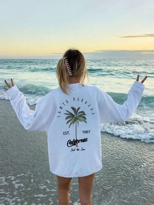 SXV Palm Tree Print Casual Loose Long Sleeve T-Shirt