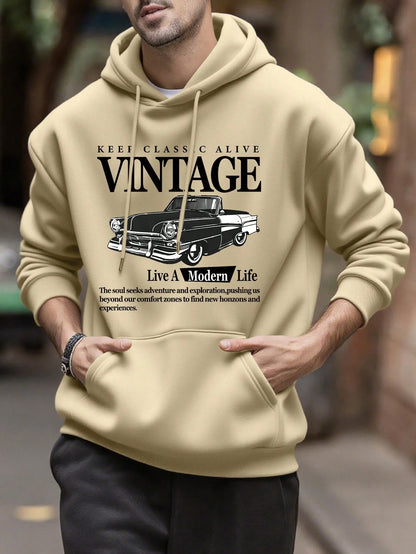 SXV Men's Casual Vintage Car & Slogan Graphic Hoodie Sweatshirt