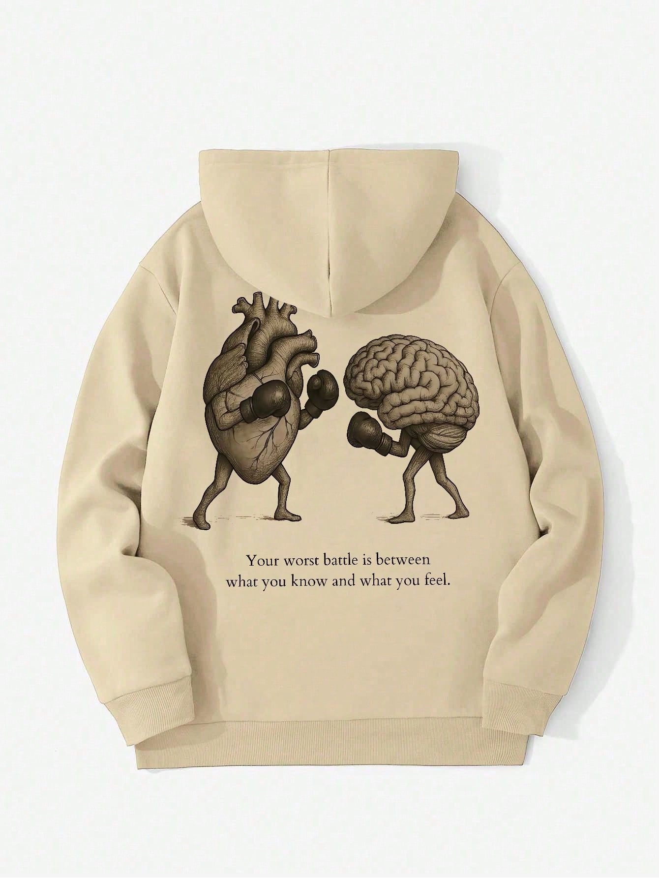 SXV BATTLE Men's Slogan Heart Print Long Sleeve Drawstring Casual Hoodie With Pocket