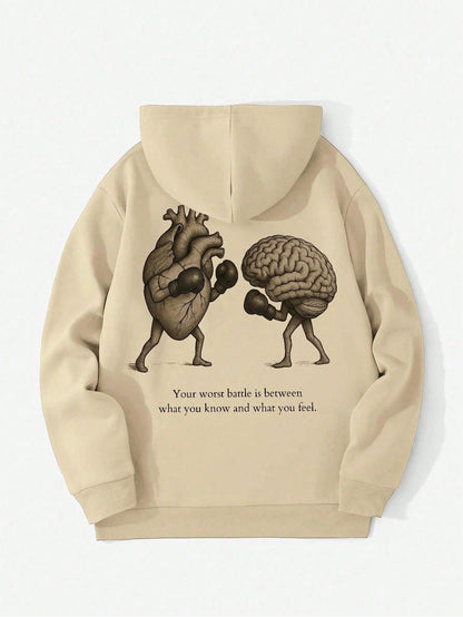 SXV BATTLE Men's Slogan Heart Print Long Sleeve Drawstring Casual Hoodie With Pocket