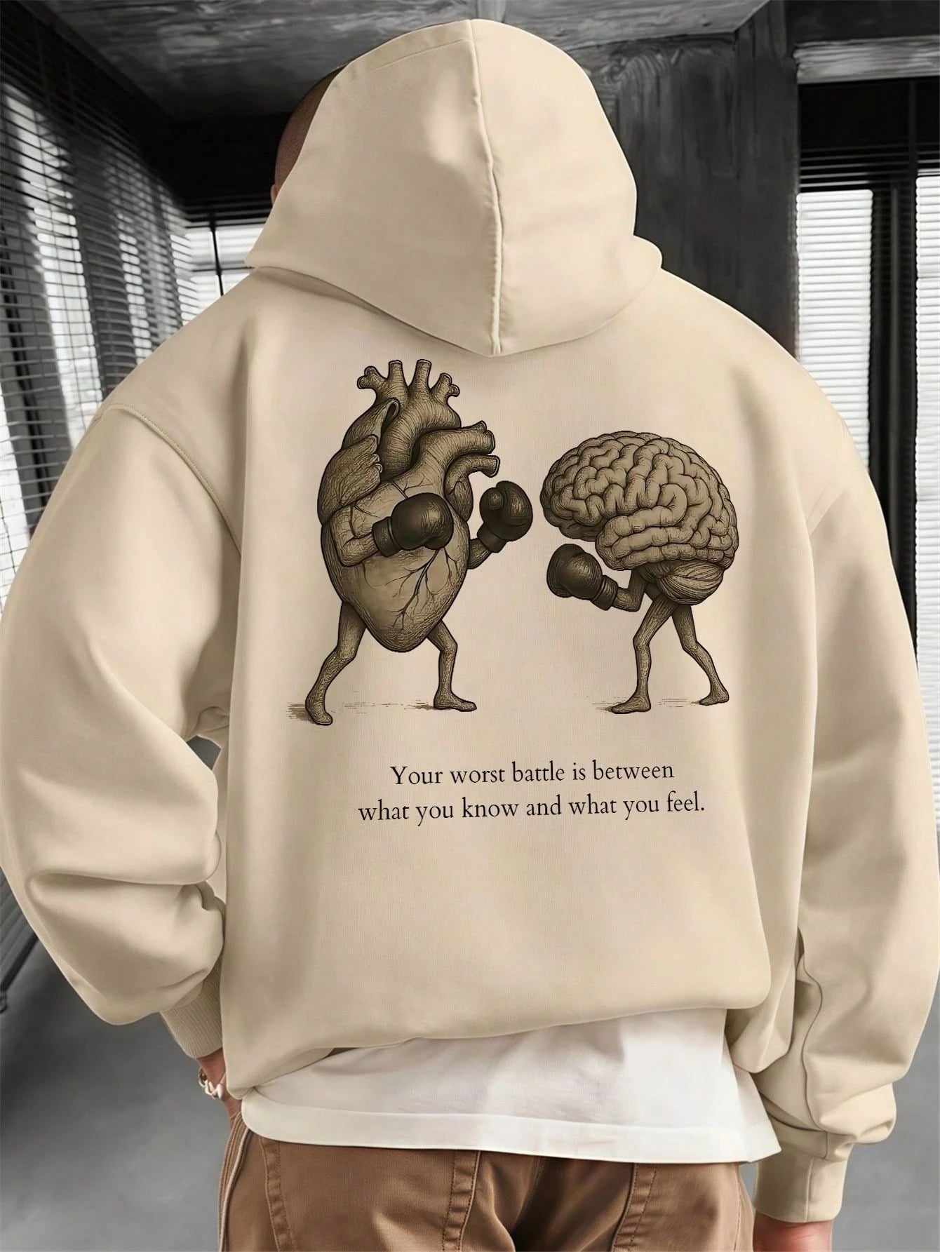 SXV BATTLE Men's Slogan Heart Print Long Sleeve Drawstring Casual Hoodie With Pocket