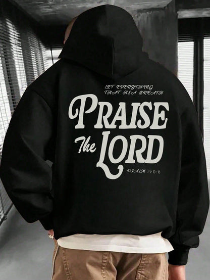 SXV Men's Casual Hoodie With Praise The Lord Slogan Print, Streetwear Style For Autumn