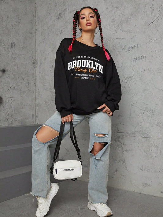 SXV Brooklyn Pattern Women's Plush Thick Round Neck Sweatshirt