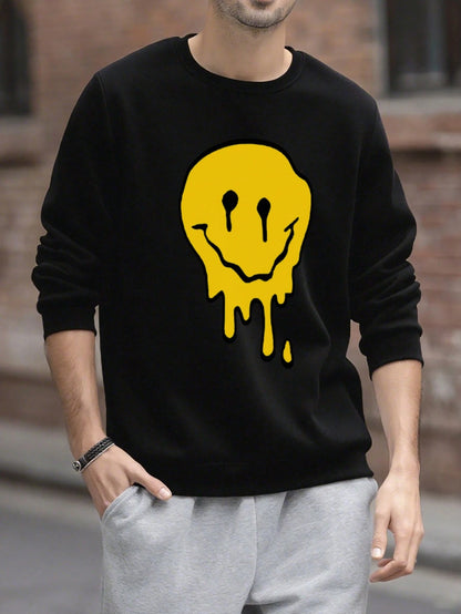 SXV Men's Funny Smiling Face Print Crew Neck Sweatshirt, Street Fashion, Autumn