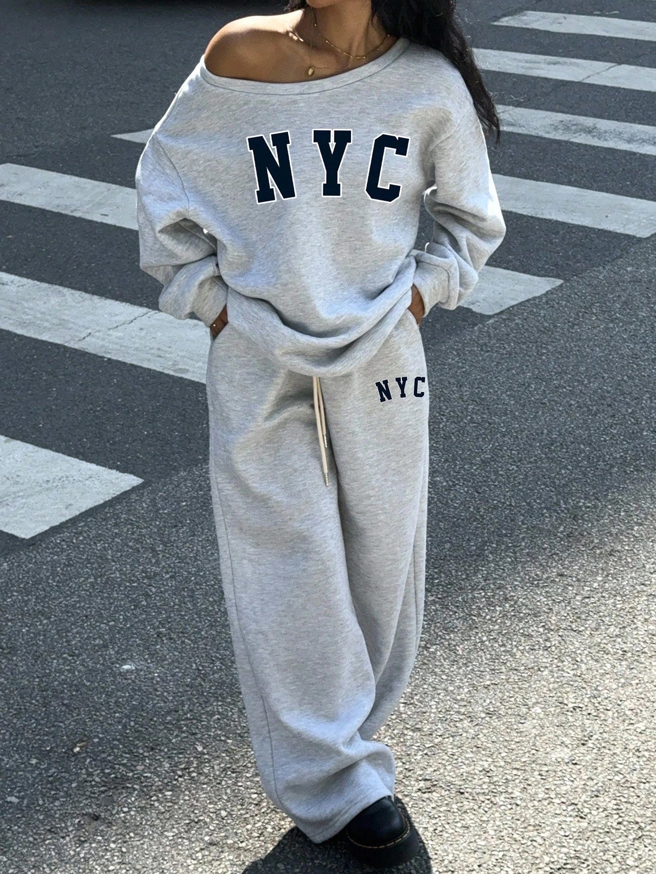 SXV 2pcs Plus Size Women NYC Loose Fit Wide Neck Off Shoulder Sweatshirt And Wide Leg Thermal Lined Sweatpants Set