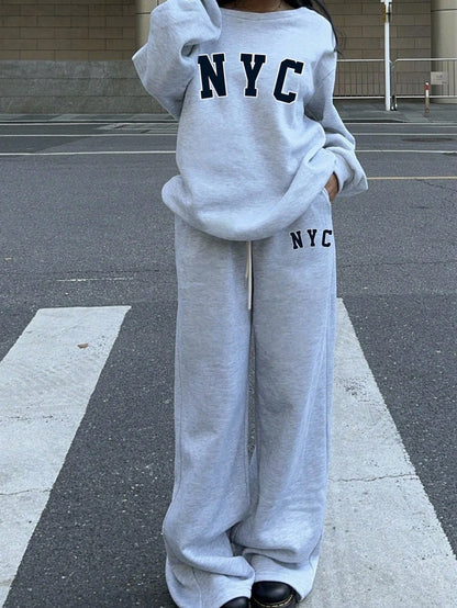 SXV 2pcs Plus Size Women NYC Loose Fit Wide Neck Off Shoulder Sweatshirt And Wide Leg Thermal Lined Sweatpants Set