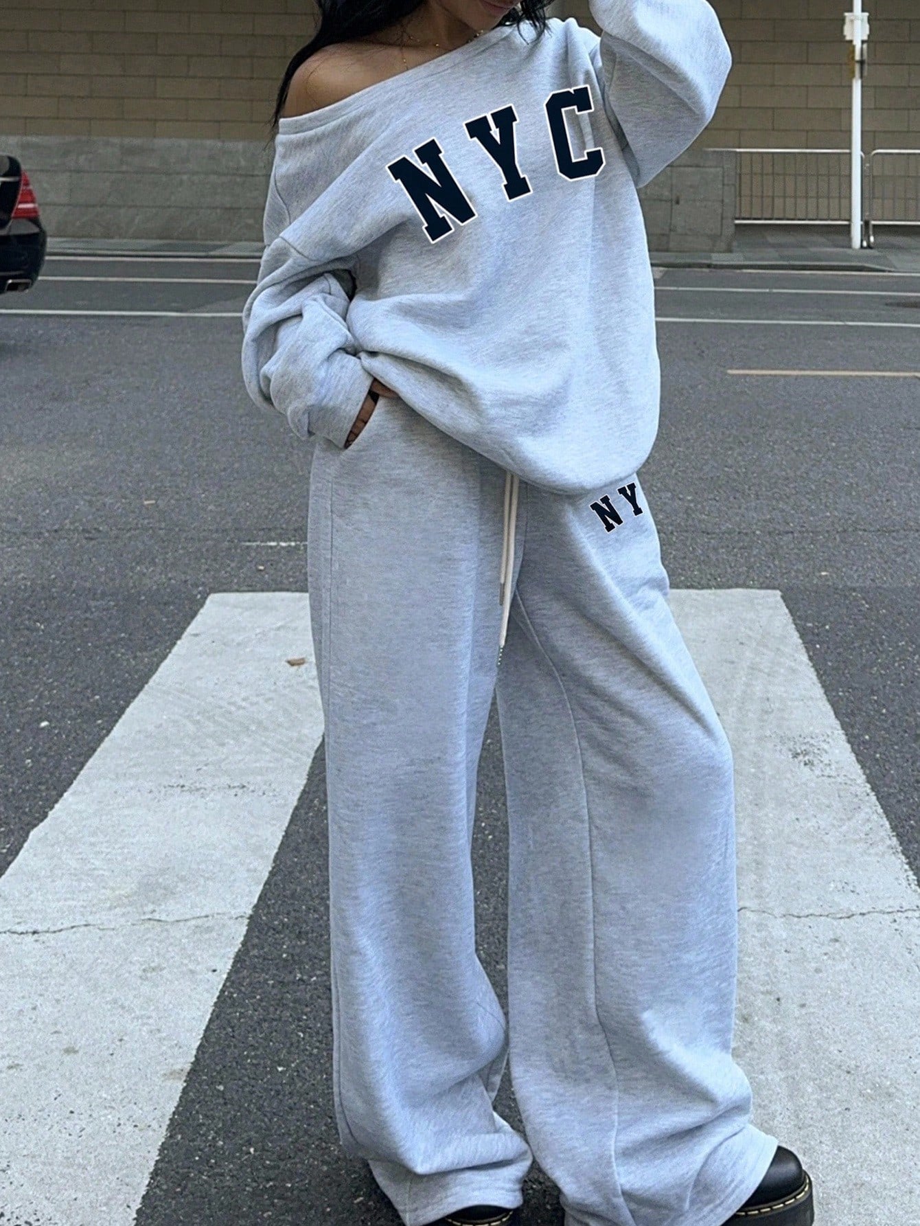 SXV 2pcs Plus Size Women NYC Loose Fit Wide Neck Off Shoulder Sweatshirt And Wide Leg Thermal Lined Sweatpants Set