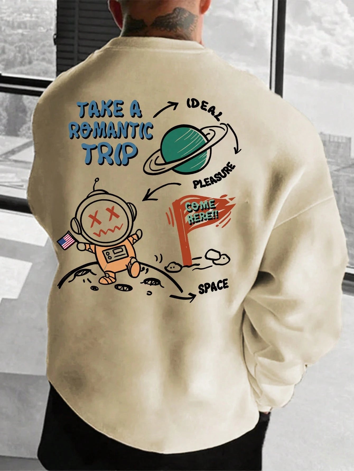 SXV Men's Casual Versatile Funny Space Element Printed Crew Neck Sweatshirt