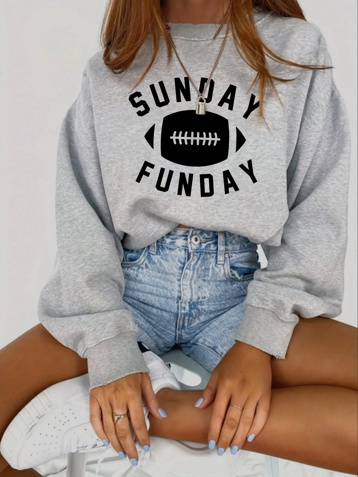 SXV SUNDAY FUNDAY Print Crew Neck Short Pullover Sweatshirt