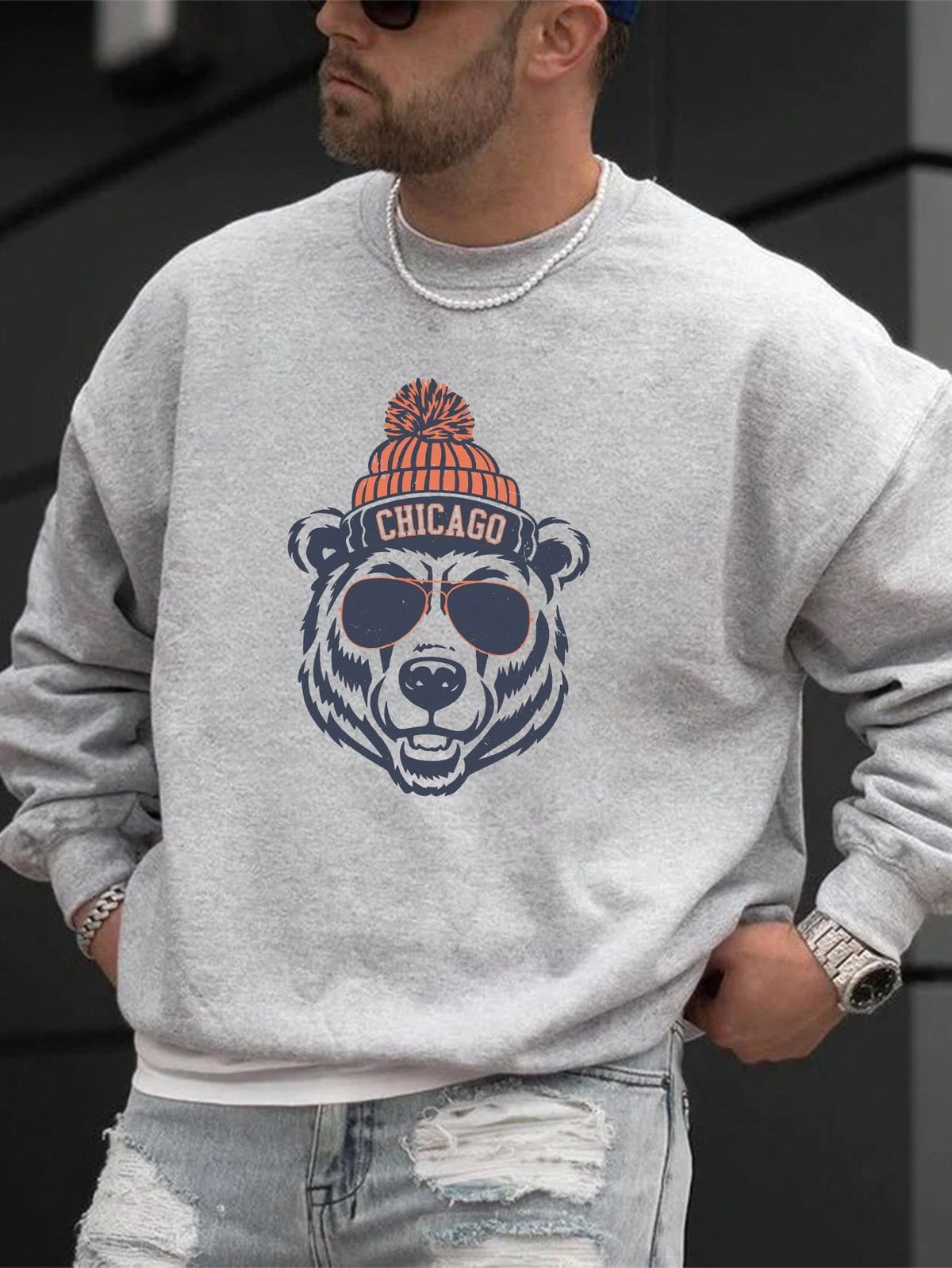 SXV Zrgoth Men's Round Neck Casual Bear Head Print Loose Comfortable Sweatshirt  Chicago Element Design