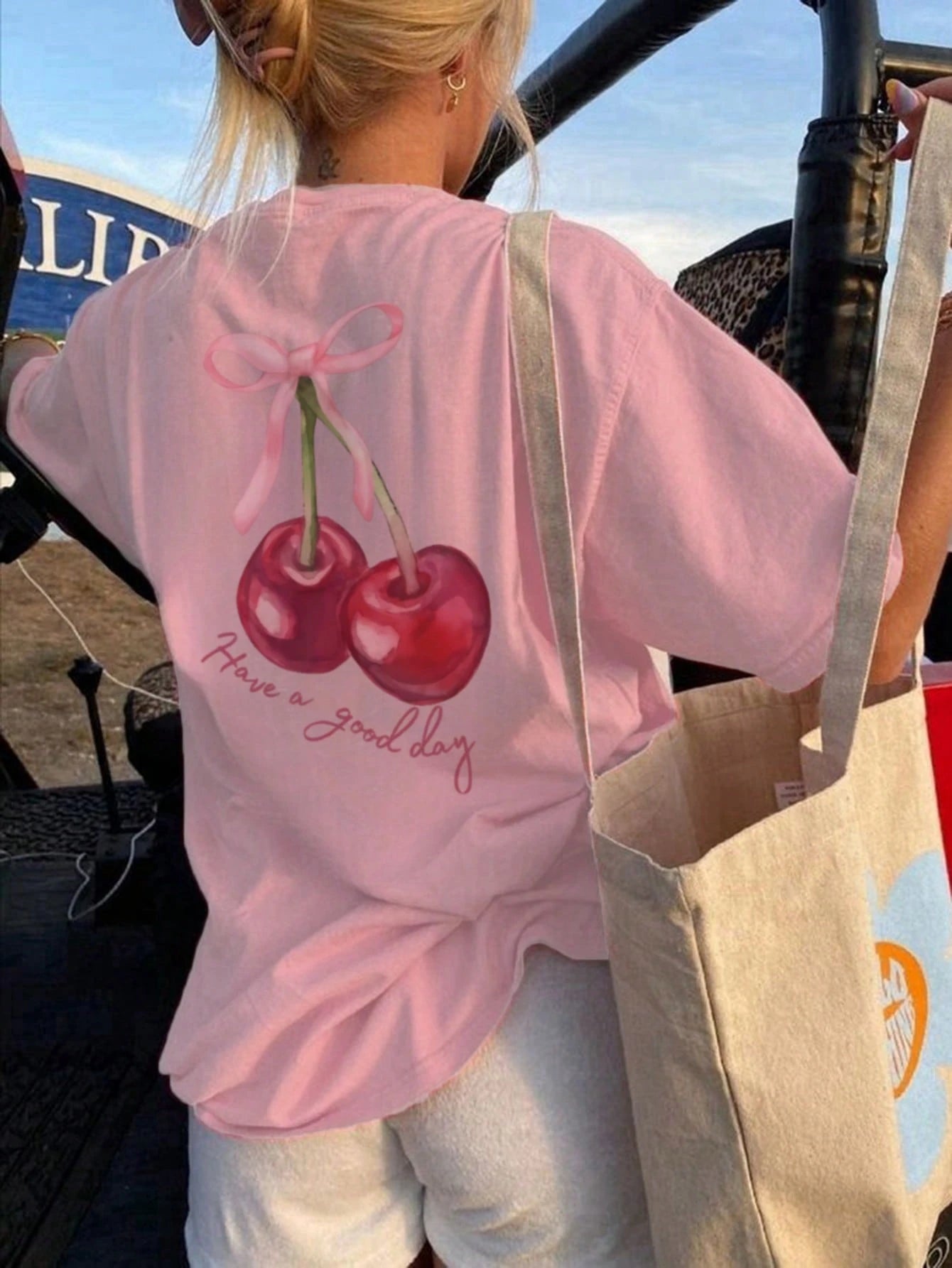 SXV cherry bow have a good day Letter Print Cheongsam Pattern Round Neck Short Sleeve T-Shirt