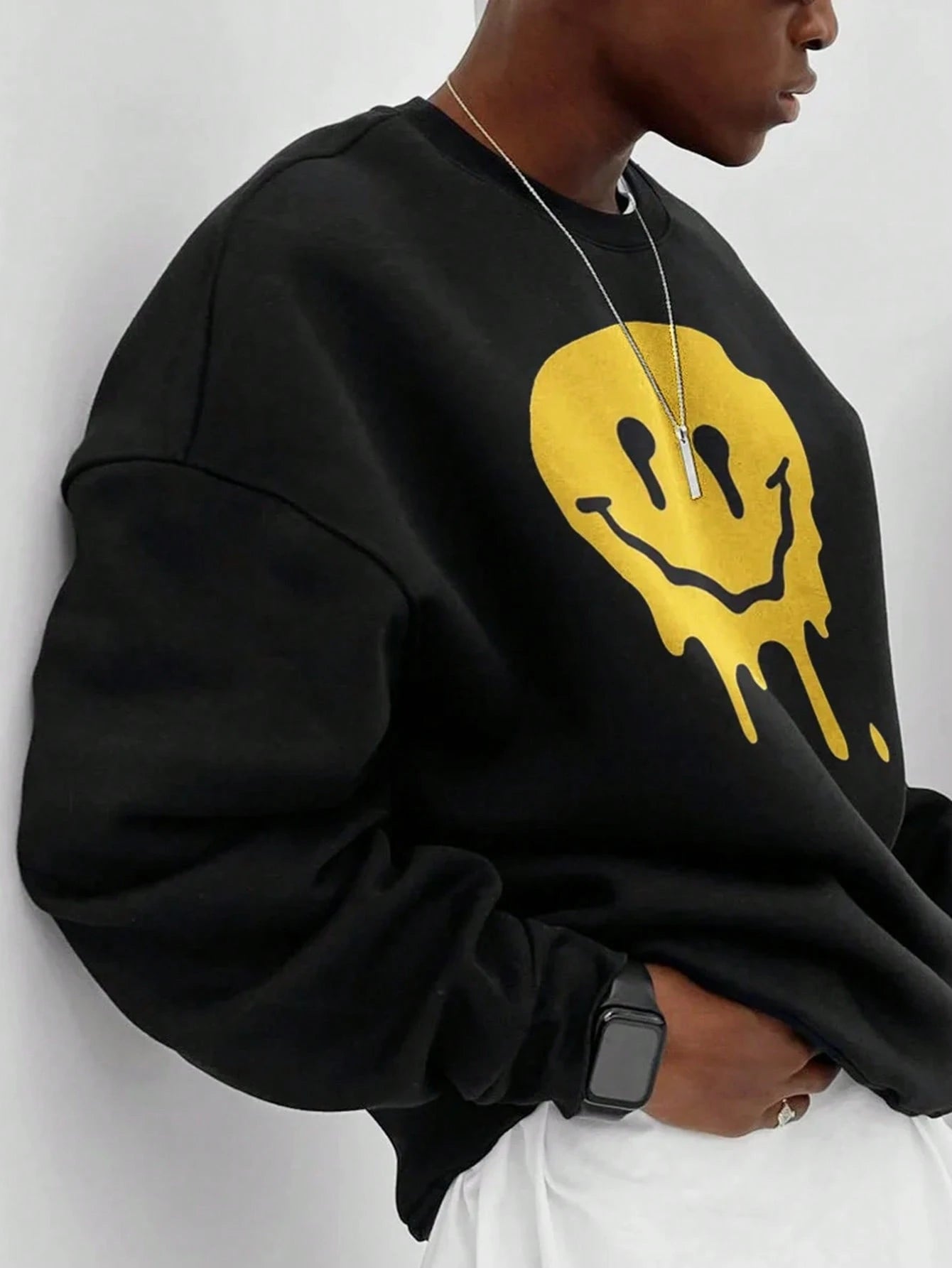 SXV Men's Funny Smiling Face Print Crew Neck Sweatshirt, Street Fashion, Autumn