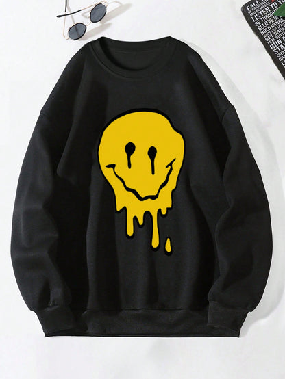 SXV Men's Funny Smiling Face Print Crew Neck Sweatshirt, Street Fashion, Autumn