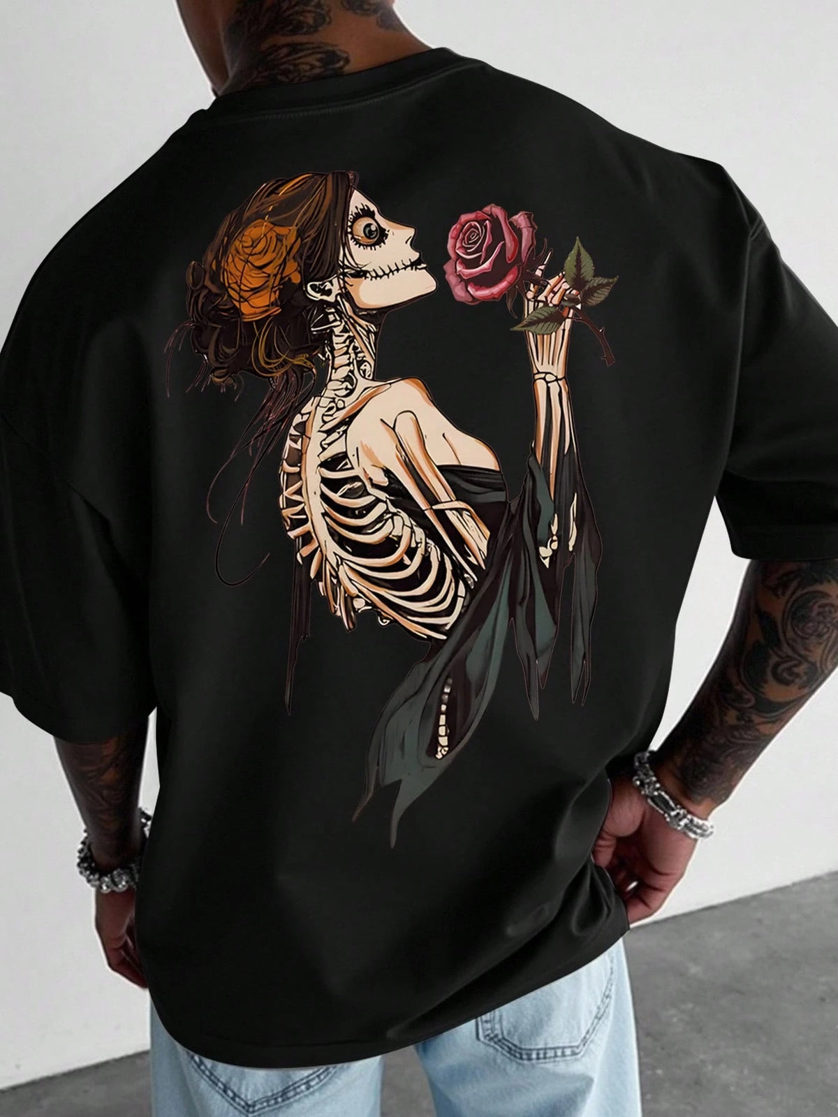 SXV Men's Casual Skull & Rose Graphic Short Sleeve Round Neck T-Shirt