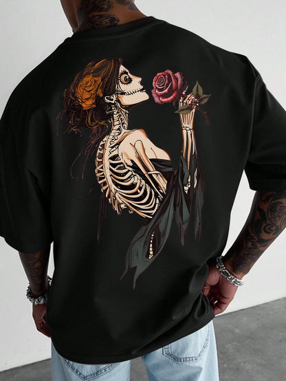 SXV Men's Casual Skull & Rose Graphic Short Sleeve Round Neck T-Shirt