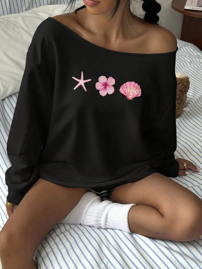 SXV Women's Off Shoulder Loose Casual Sweatshirt With Starfish, Shell And Flower Patterns, Suitable For Fall