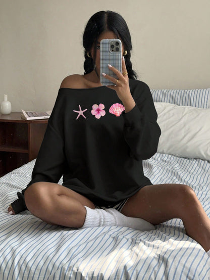 SXV Women's Off Shoulder Loose Casual Sweatshirt With Starfish, Shell And Flower Patterns, Suitable For Fall