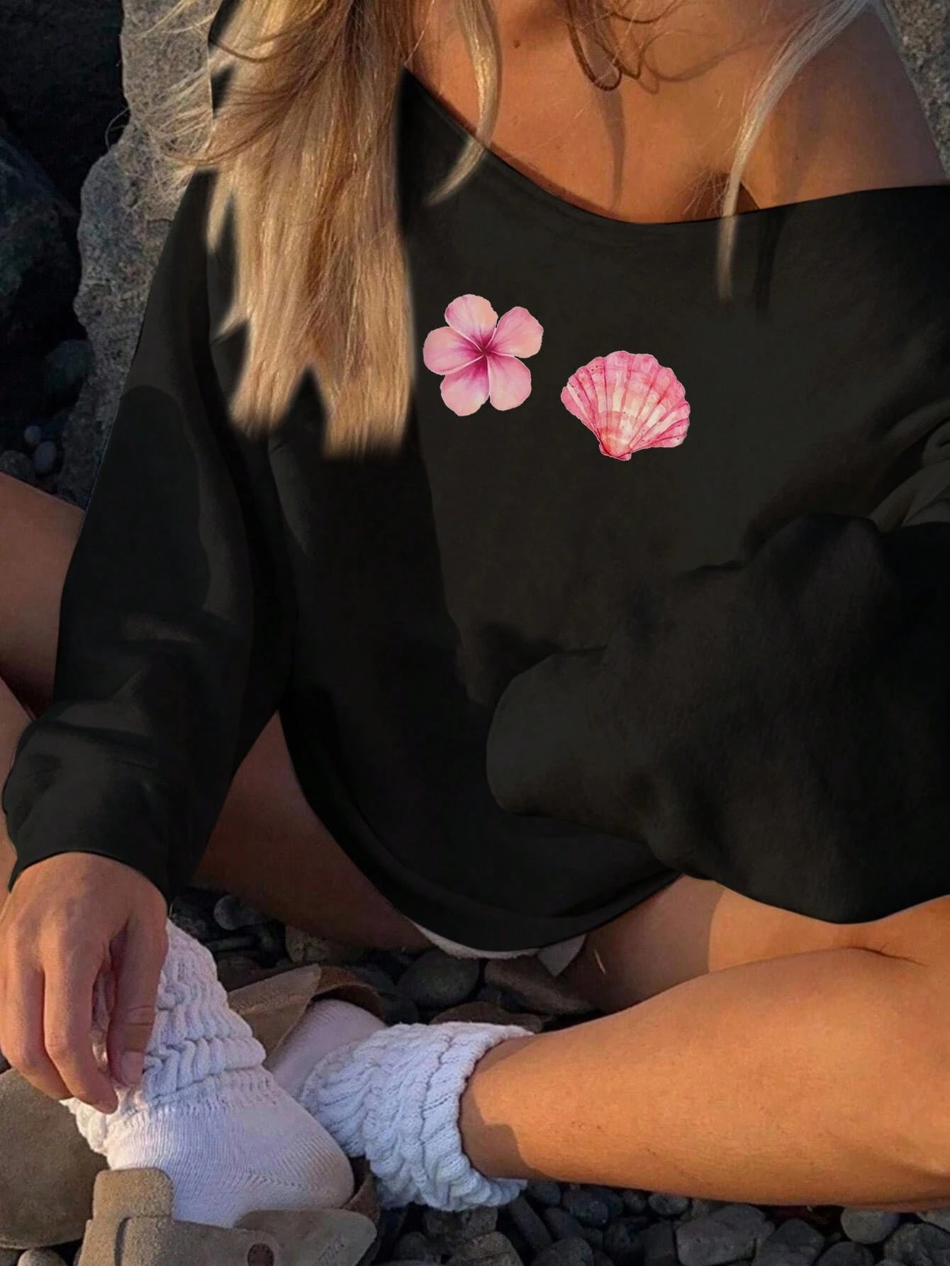 SXV Women's Off Shoulder Loose Casual Sweatshirt With Starfish, Shell And Flower Patterns, Suitable For Fall