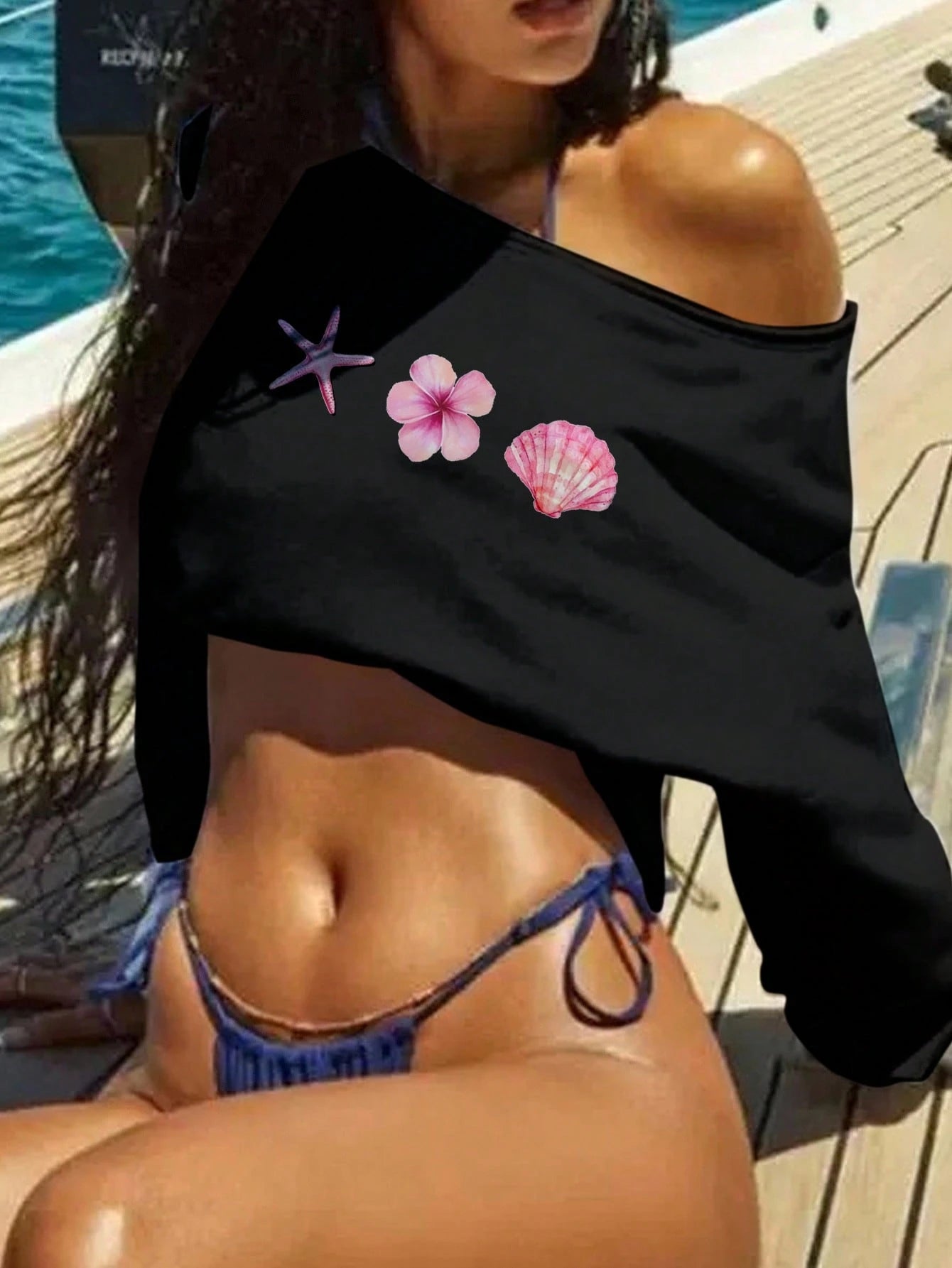 SXV Women's Off Shoulder Loose Casual Sweatshirt With Starfish, Shell And Flower Patterns, Suitable For Fall