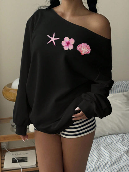 SXV Women's Off Shoulder Loose Casual Sweatshirt With Starfish, Shell And Flower Patterns, Suitable For Fall
