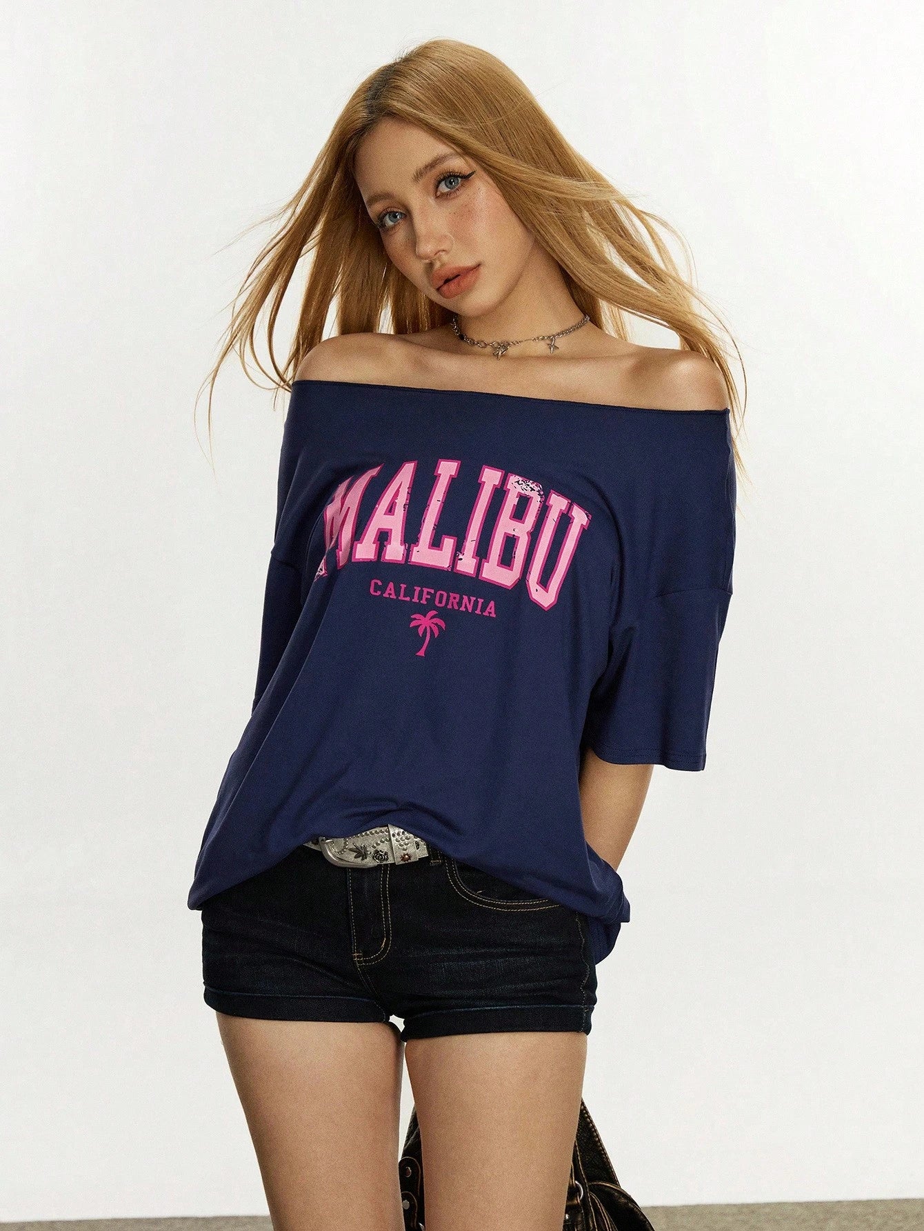 SXV Women's Letter Printed Off Shoulder Casual Versatile T-Shirt, Summer