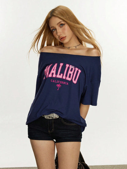 SXV Women's Letter Printed Off Shoulder Casual Versatile T-Shirt, Summer