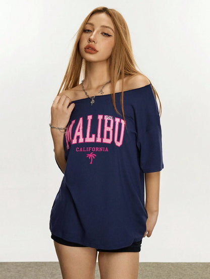 SXV Women's Letter Printed Off Shoulder Casual Versatile T-Shirt, Summer