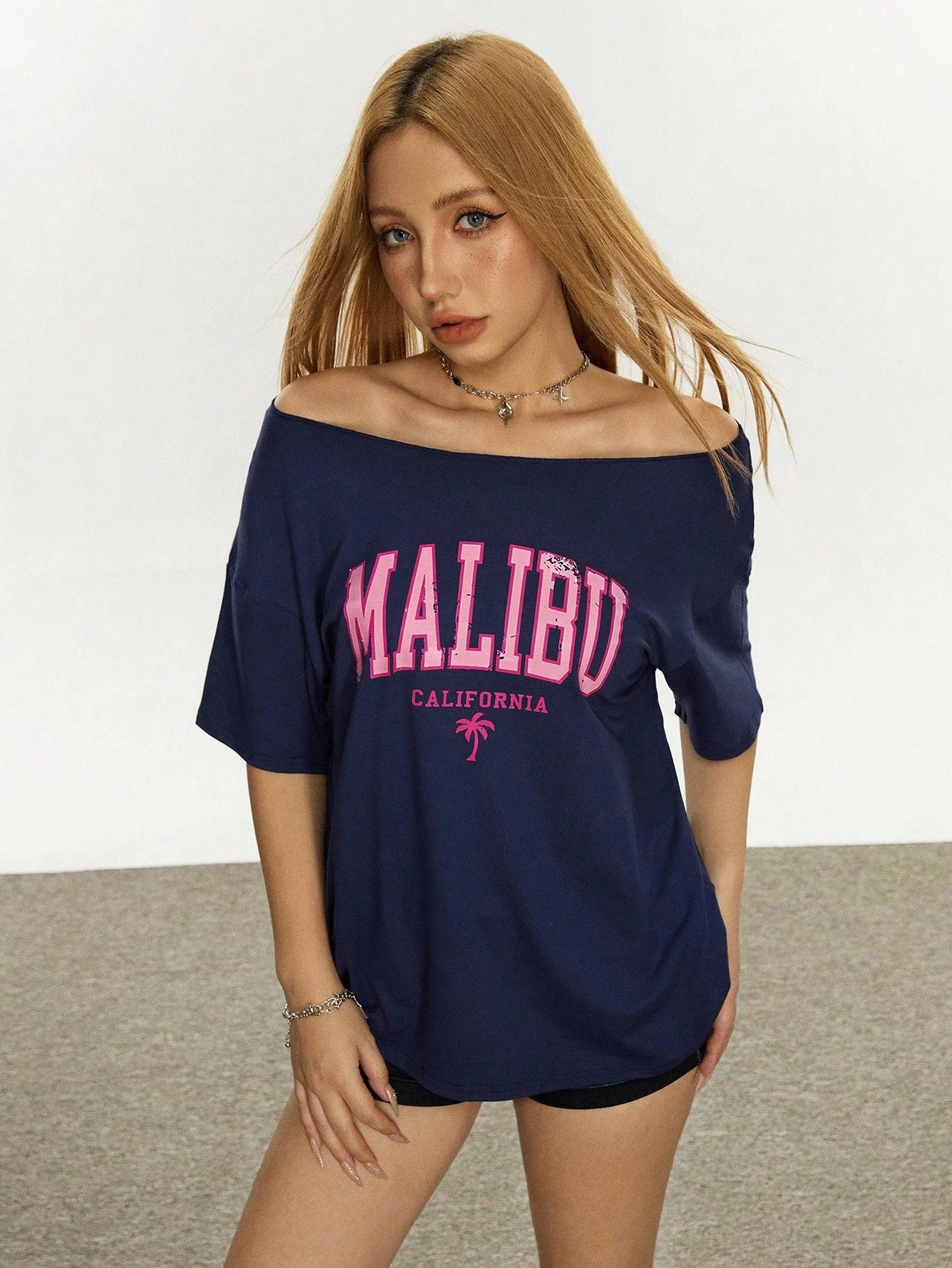 SXV Women's Letter Printed Off Shoulder Casual Versatile T-Shirt, Summer