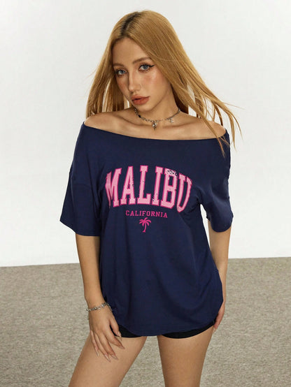 SXV Women's Letter Printed Off Shoulder Casual Versatile T-Shirt, Summer