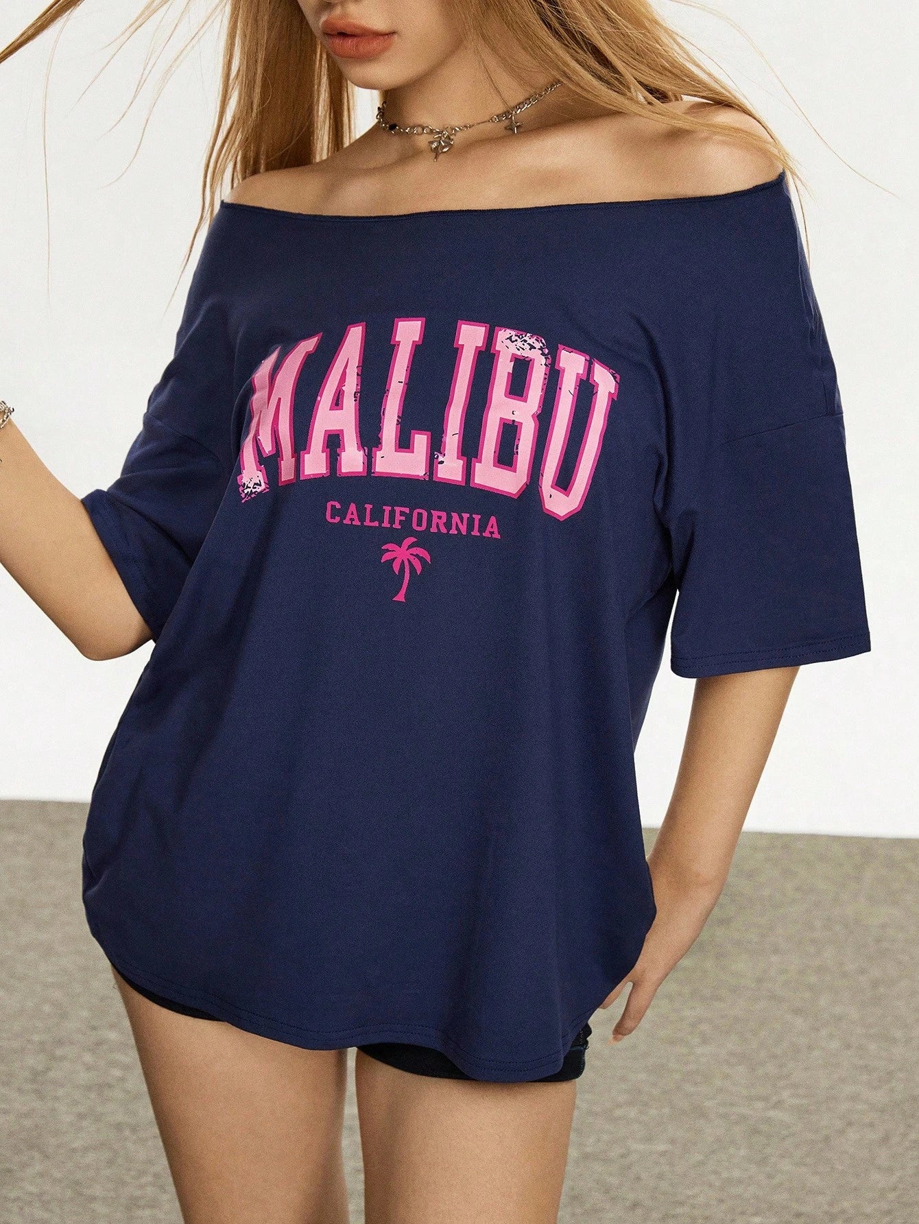SXV Women's Letter Printed Off Shoulder Casual Versatile T-Shirt, Summer