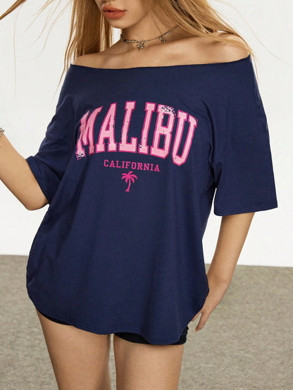 SXV Women's Letter Printed Off Shoulder Casual Versatile T-Shirt, Summer