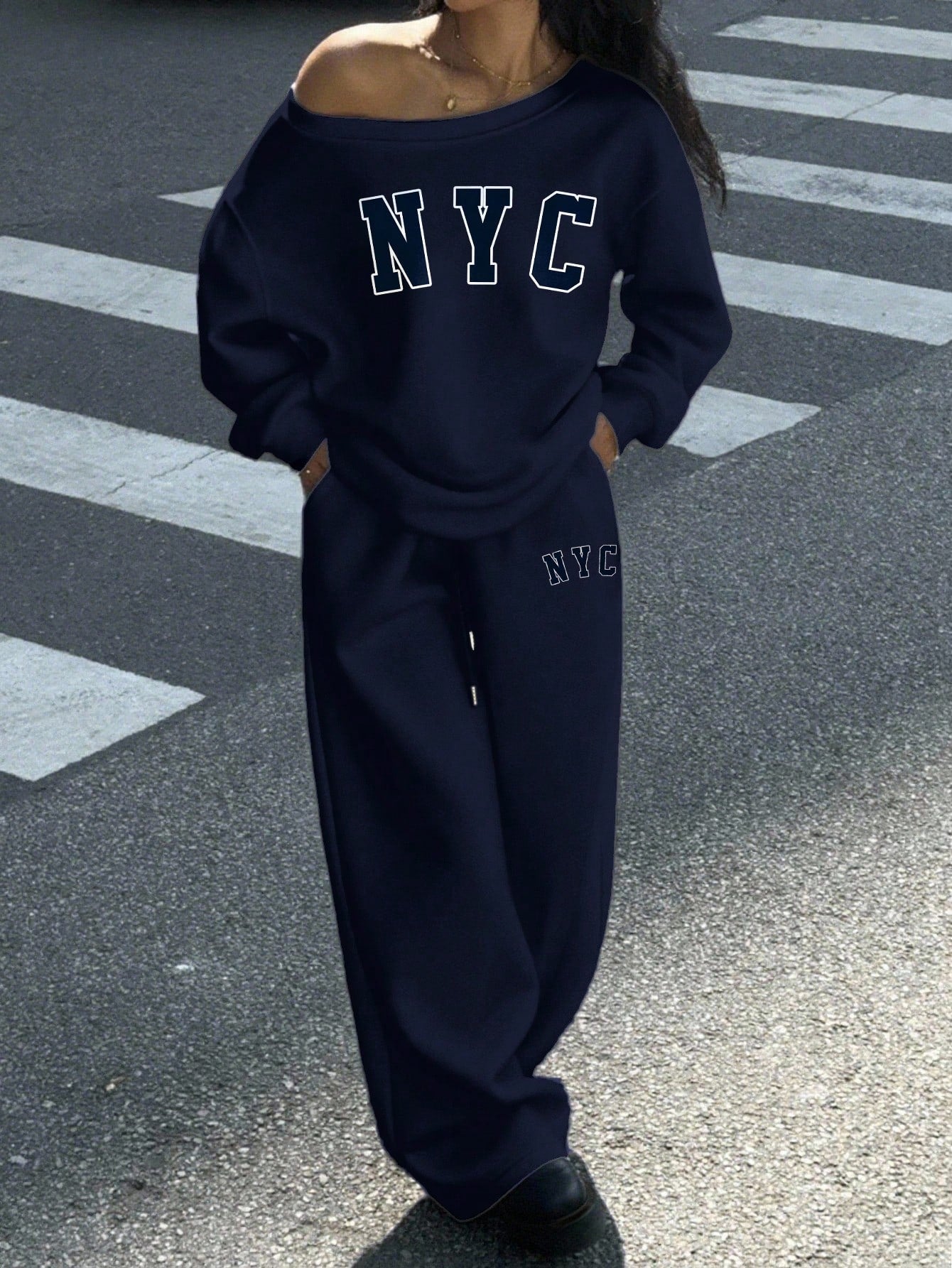 SXV 2pcs Plus Size Women NYC Loose Fit Wide Neck Off Shoulder Sweatshirt And Wide Leg Thermal Lined Sweatpants Set