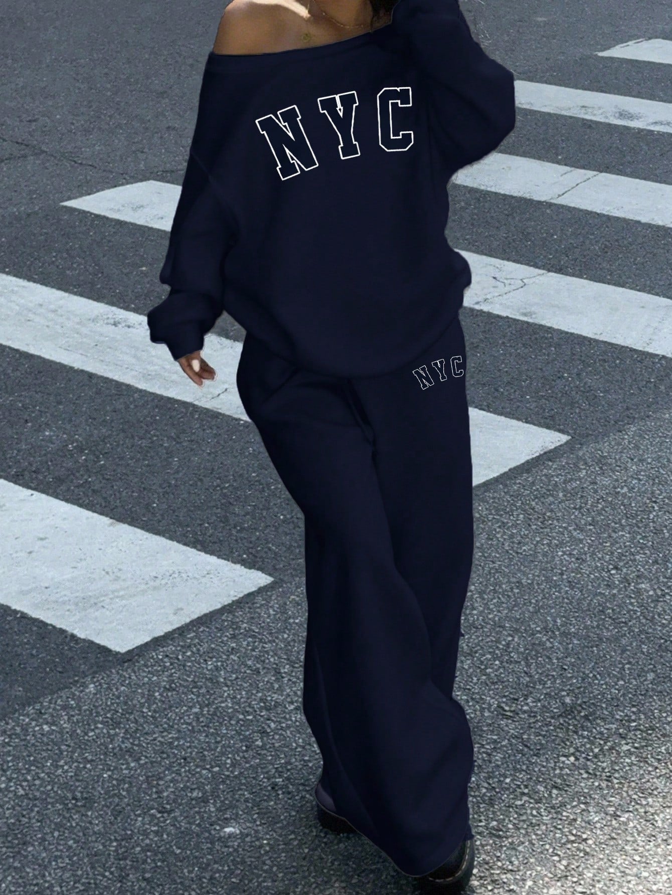 SXV 2pcs Plus Size Women NYC Loose Fit Wide Neck Off Shoulder Sweatshirt And Wide Leg Thermal Lined Sweatpants Set