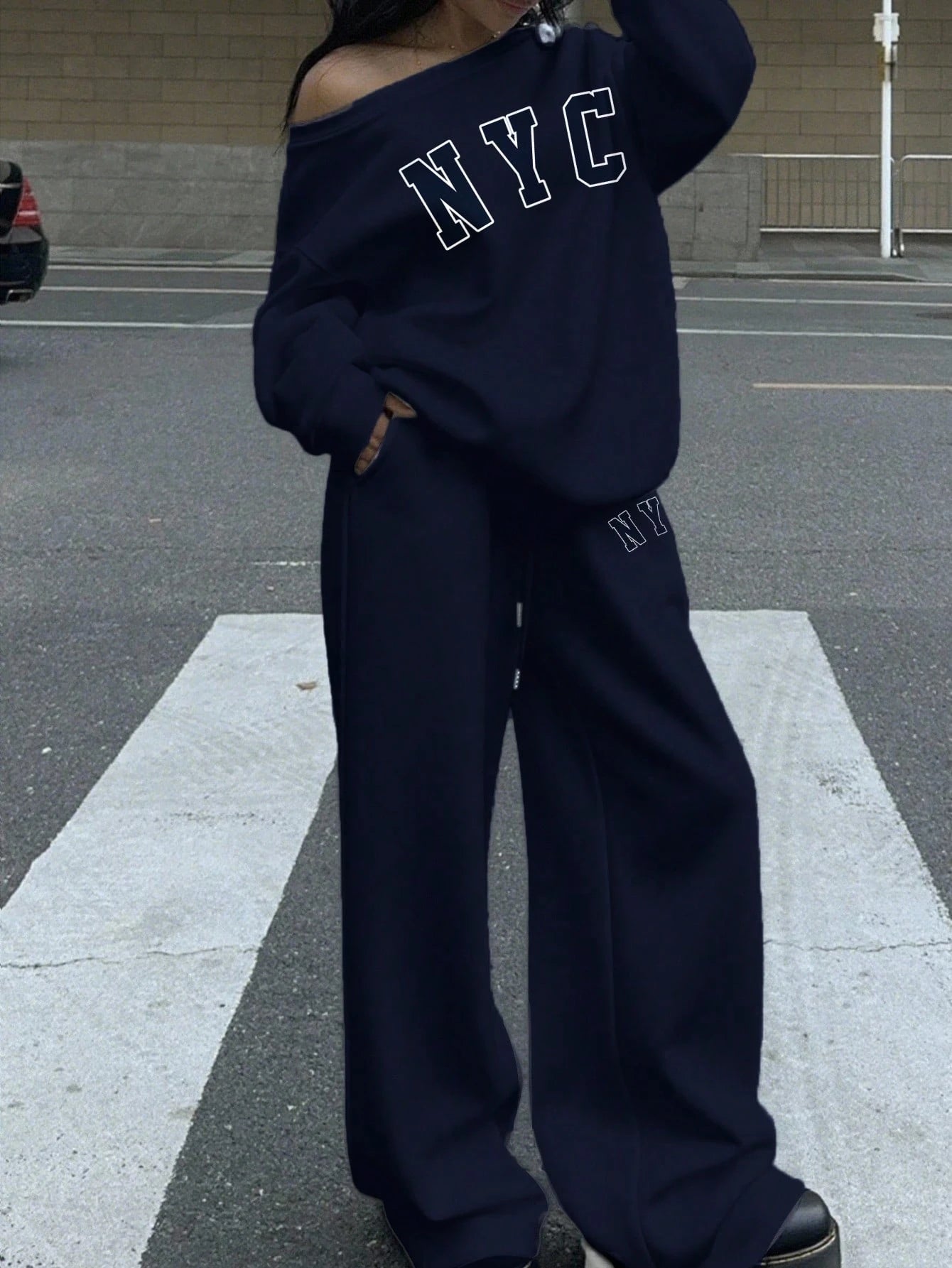 SXV 2pcs Plus Size Women NYC Loose Fit Wide Neck Off Shoulder Sweatshirt And Wide Leg Thermal Lined Sweatpants Set