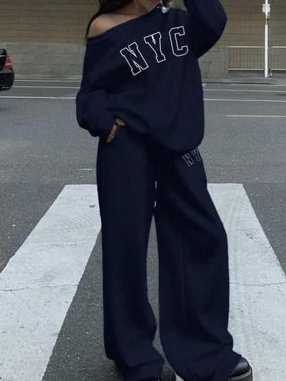 SXV 2pcs Plus Size Women NYC Loose Fit Wide Neck Off Shoulder Sweatshirt And Wide Leg Thermal Lined Sweatpants Set