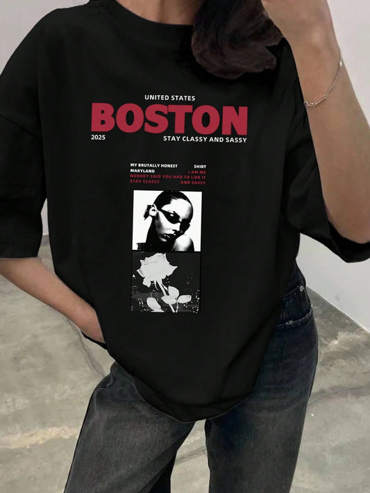 SXV 'BOSTON 2025’ Printed Cool Aesthetic Oversized Baggy T-shirt