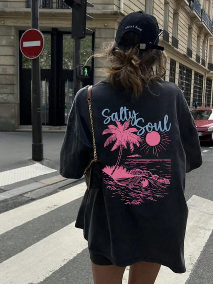 SXV Summer New Coconut Tree Print Casual Round Neck Short Sleeve T-Shirt