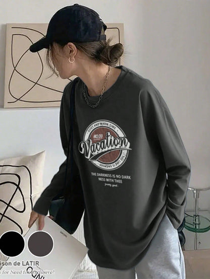 SXV Vacation Women's Casual Round Neck Letter Graphic Print Long Sleeve Cotton T-Shirt, Loose Fit, Versatile, Spring