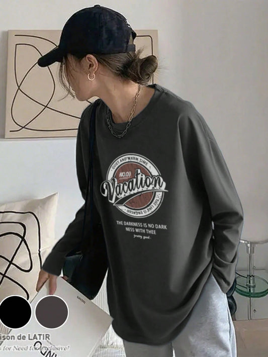 SXV Vacation Women's Casual Round Neck Letter Graphic Print Long Sleeve Cotton T-Shirt, Loose Fit, Versatile, Spring
