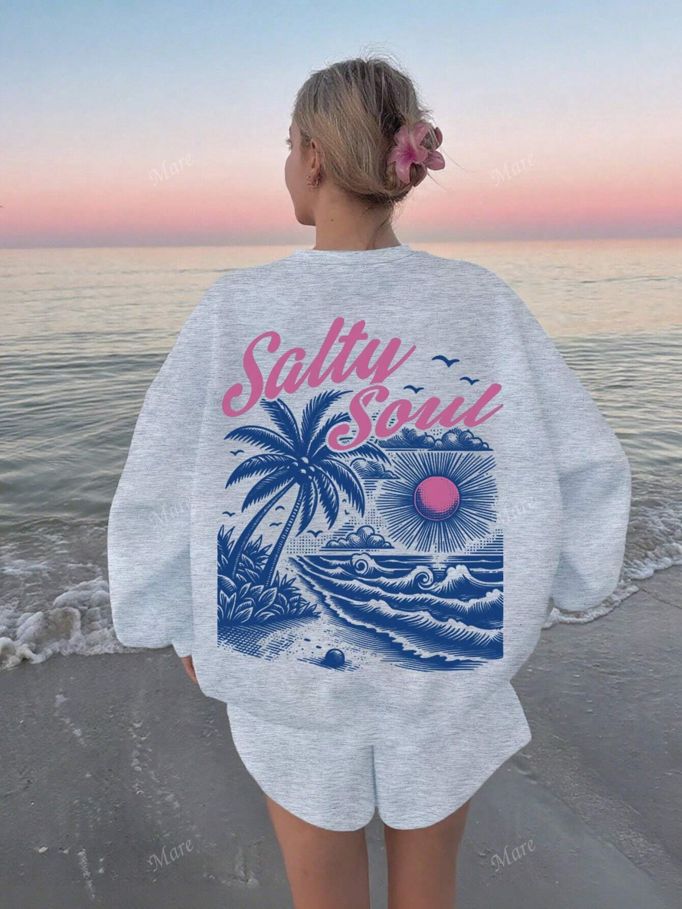 SXV Salty soul Sunset Palm Tree Graphic Oversized Crew Neck Long Sleeve Casual Hoodie For Women, Back To School