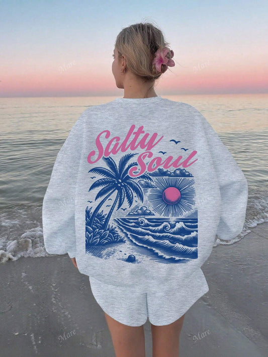 SXV Salty soul Sunset Palm Tree Graphic Oversized Crew Neck Long Sleeve Casual Hoodie For Women, Back To School